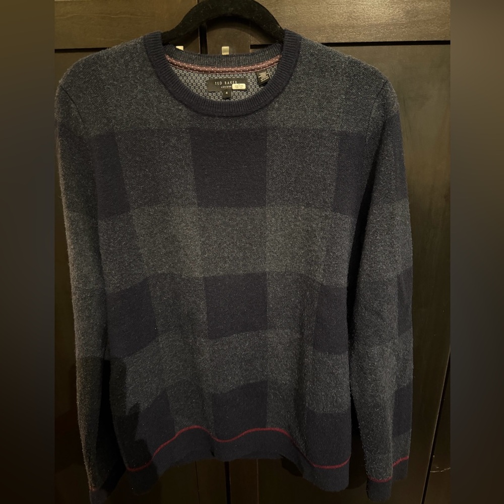 Ted Baker Men's Dark Blue Checkered Crewneck Sweater